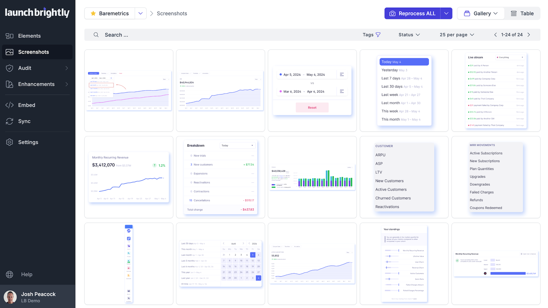 LaunchBrightly screenshot gallery showing automated product screenshots